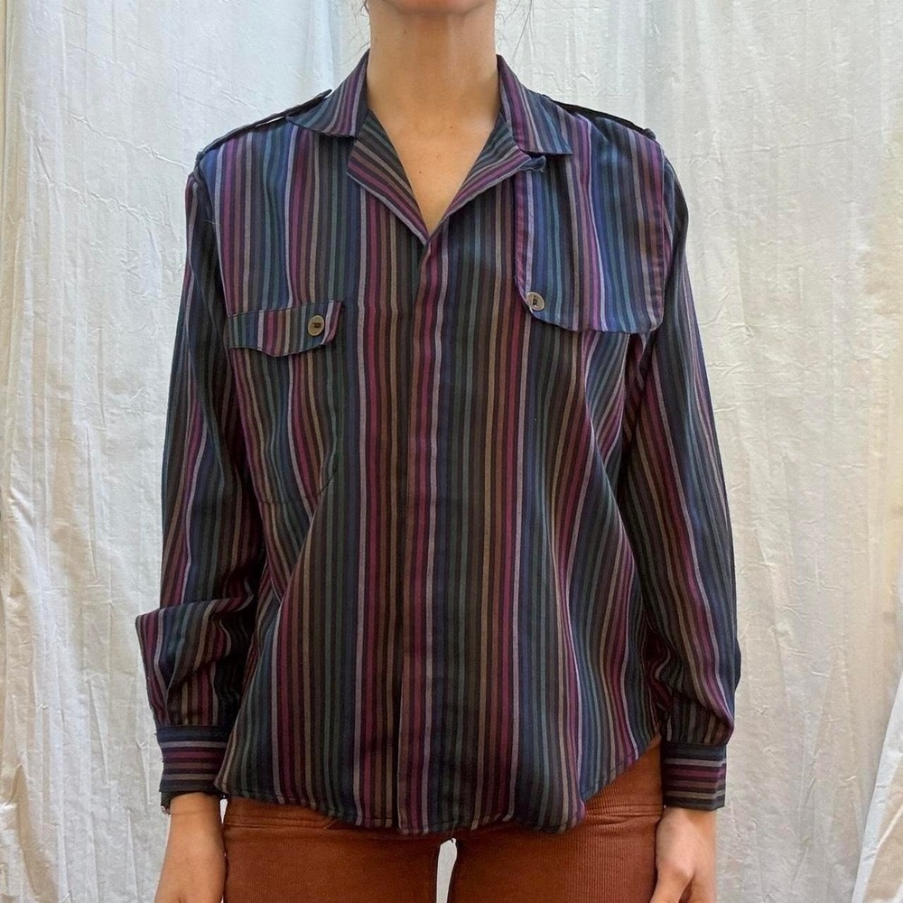 Blue, purple, green striped blouse vintage 70s Cool Lapel Medium Unique Retro